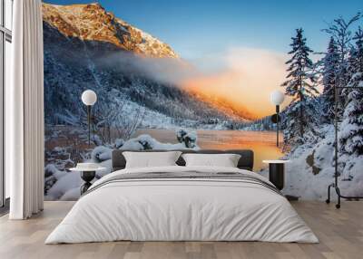 Winter nature in mountains at morning sunrise Wall mural