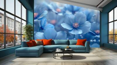 3D artwork background of beautiful blue flower arrangement. Botanical garden, fine art, painting. Wall mural