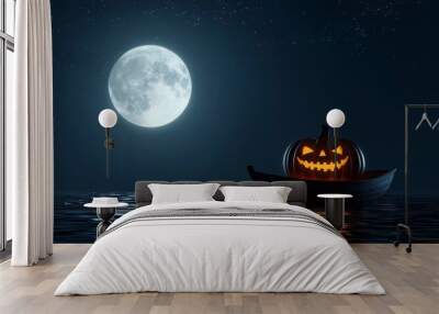 3d rendering of a cartoon pumpkin rowing across the ocean for a scary Halloween boat scene with the full moon on dark blue night sky. Illustration design for Halloween background. Wall mural