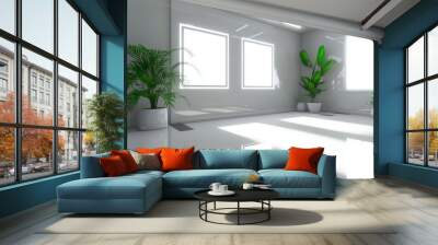 A 3D rendering of a modern gallery interior with blank frames for displaying artwork. Wall mural