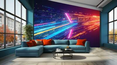 A 3D rendering of an abstract neon arrow turning right. A concept of speed and technology. A bokeh light and glowing pink lines surround the neon arrow. Wall mural