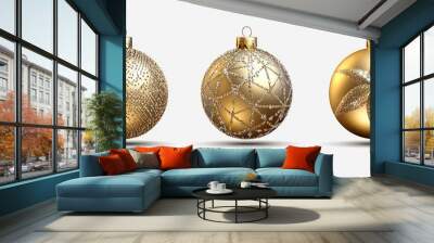 A 3D rendering of golden Christmas balls on a white background Wall mural