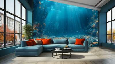 A 3D underwater fantasy world filled with neon sea jellyfish and dark natural marine background. The dark blue bottom of the ocean. Underwater rocks and tunnels. Seascape under water. Dark, natural Wall mural