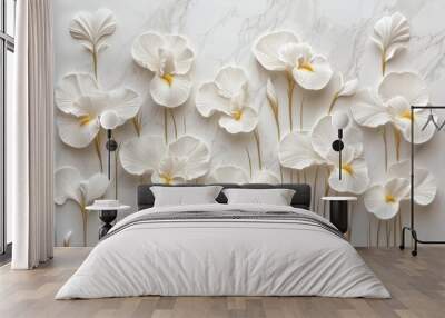 A beautiful 3D relief artwork featuring exquisite and elegant white iris blooms with delicate gold accents against a textured gray background. Wall mural