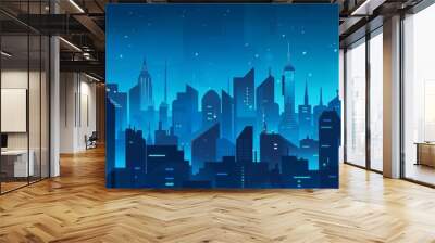 A blue cartoon city panorama shows various houses Wall mural