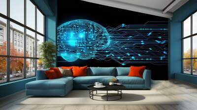 A blue futuristic globe with glowing particles around it. Concepts of digital innovation and technology. Modular illustrations. Wall mural