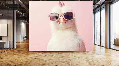 A chicken hen wearing sunglasses is a surrealist editorial advertisement set against a solid pastel background. Wall mural