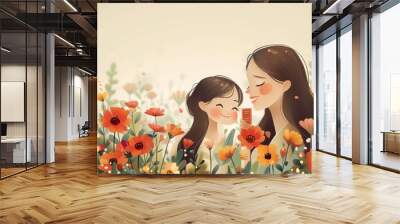 A child daughter gives her mother a postcard on mother's day to congratulate her. Mum and girl are smiling and hugging, and the illustration is hand drawn in an illustration style. Wall mural