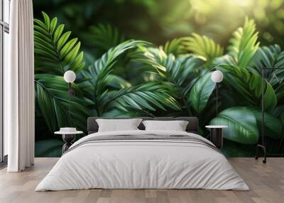 A closeup view of green leaves in a natural environment. A tropical leaf, a natural green leaf plant. Wall mural