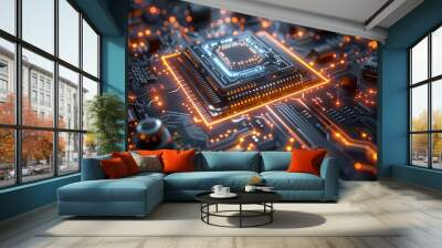 A digital building with an abstract technology background; an electronic city combined with a digital building. Wall mural