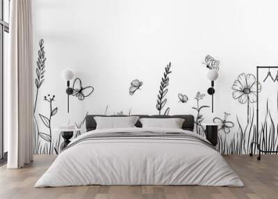 A doodle sketch style wild floral element in nature spring background. Field, grass flower outline modern illustration. Wall mural