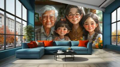 A family photo portrait hangs on a wall with teenage children and gray-haired grandparents. The parents and three children smile to capture happy moments during a Sunday get together. The design is Wall mural