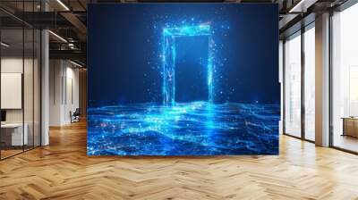 A futuristic science fiction concept of an open door at a tech portal with a polygonal wireframe glow. Modern illustration on a blue background. Wall mural