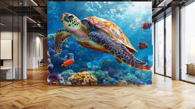 A giant ocean turtle sits on a colorful coral reef in a muddy ocean Wall mural