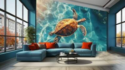 A gorgeous sea turtle swims gracefully in clear turquoise waters. The beautiful contrast of ocean blue and sandy shore creates a peaceful and serene atmosphere. Wall mural