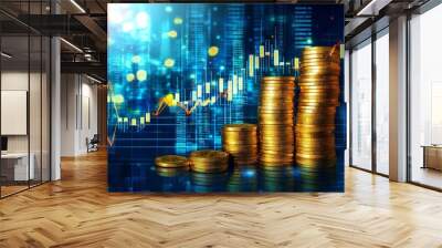 A growth business money investment concept with financial profit coin currency fund banking concept on a 3D economy background of wealth finance stock exchange market graph. Wall mural