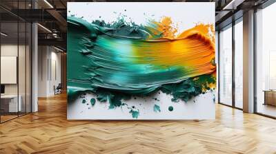 A hand painted stroke of green and yellow paint brush on a white background Wall mural