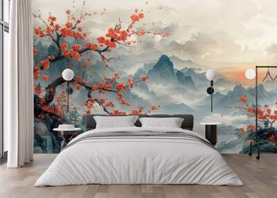 A Japanese background modern with Asian symbols. An oriental traditional banner design with a peony flower, wave, sea, bamboo, pine tree, sun, and bamboo elements. Wall mural