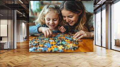 A mother and her little girl playing with an interactive puzzle toy on a table in the children's room. Hand drawn style modern design illustrations. Wall mural