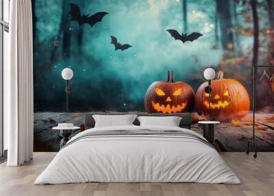 A night forest with fog and bats with three glowing pumpkins on a wooden table. Wall mural