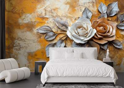 A painting depicting two white flowers and a gold leaf Wall mural