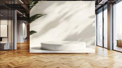 A pedestal for packaging and cosmetics presentation, shadowed on a wall. Display of product with white concrete texture, stone texture, Natural beauty pedestal in sunlight. Realistic rendering. 3D Wall mural