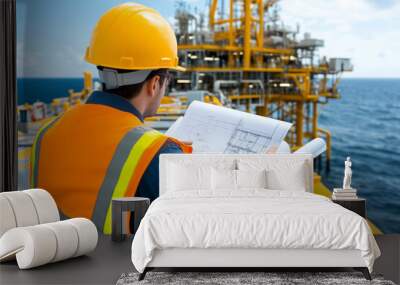 A petroleum engineer reviews plans on an offshore platform under sunny skies Wall mural