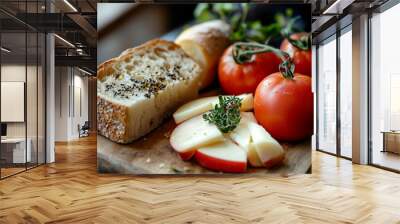 A satisfying afternoon snack featuring fresh tomatoes, crisp apples, and a slice of artisan bread on a rustic wooden board Wall mural