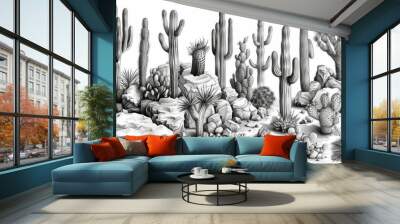 A seamless pattern with hand drawn cacti plants. Classic cartoon style cacti houseplant background. Natural desert flora texture, mexican garden print. Natural interior graphic decoration wallpaper. Wall mural