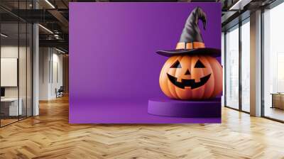 A set of Jack-o-Lantern pumpkins with witch hats and a podium to display a product on a purple background. Happy Halloween concept. Traditional October holiday. 3D rendering illustration. Wall mural