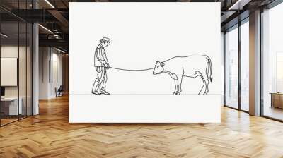 A single line drawing of a young male farmer rubbing the cow while carrying a bucket of water. Successful farming activities minimalist concept. Single line draw design modern graphic illustration. Wall mural