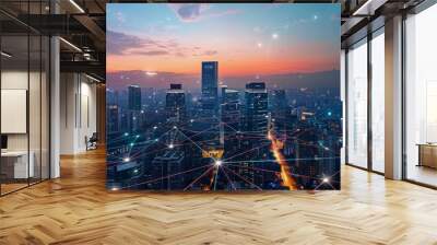 A smart city with a connected network and internet of things. Wall mural