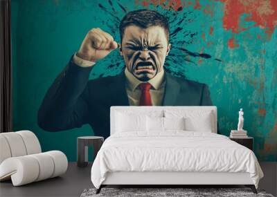 A suited man expresses anger with a striking, abstract background showing emotional intensity and release Wall mural