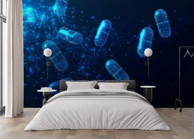 A top view of an abstract blue pharmaceutical capsule. Concept of healthcare, pharmacy. Wall mural