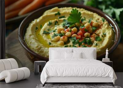 A vibrant bowl of delicious hummus garnished with parsley, olive oil, and red spices, served with fresh vegetables at a lively gathering Wall mural