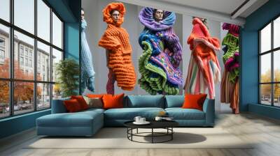 A vibrant collection showcasing innovative knitting designs in a dynamic fashion display featuring bold colors and unique textures Wall mural