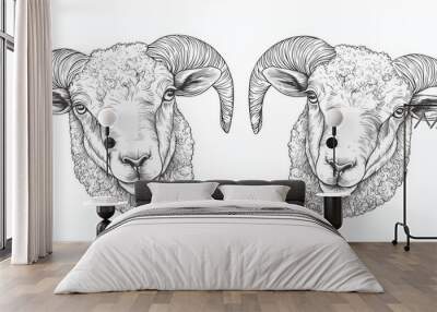 A vintage engraving isolated lamb set illustration with ram ink sketch. The background is a farm animal sheep with a mutton silhouette on the left. Wall mural