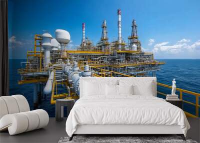 A wide view of a bright onshore refinery with vibrant structures Wall mural