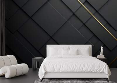 Abstract geometric black background with diagonal stripes, shapes and golden lines. Futuristic technology style. Minimal design. 3d effect. Wall mural