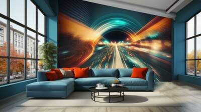 Abstract image of night traffic light trails in the city. The car light trails in the city. AI Wall mural