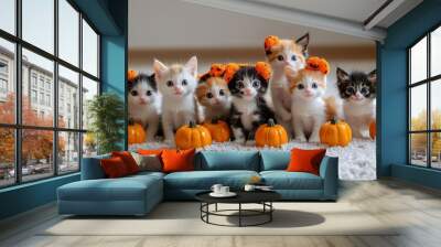 Against a cozy autumn background, kawaii cats in cute Halloween costumes hold tiny pumpkin lanterns. This photograph captures the festive spirit of the holidays Wall mural