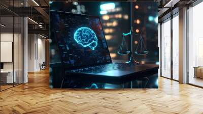 AI law concept, stock regulations in glowing low polygonal style with brain and scale symbol on dark blue background. A laptop and hologram on a desk are shown as a mock up on the place. Wall mural