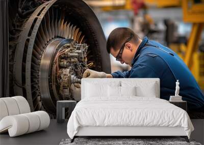 aircraft engine repair service. A man repairs an airplane engine. Wall mural