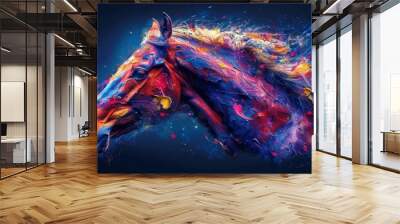 An abstract, hand-drawn portrait of an Arab horse's head on a dark blue background in many colors. Wall mural