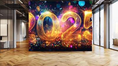 An abstract background adorned with bokeh lights and confetti surrounds the golden number 2025 on a festive banner. Wall mural