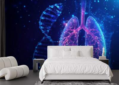 An abstract blue and purple DNA molecule helix and human lungs are considered as a genetic biotechnology engineering concept. Low poly futuristic digital style background. Wireframe structure. Wall mural