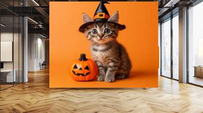 An autumn holiday banner template with copy space featuring a kitten in halloween costume holding a jack-o'-lantern. Wall mural