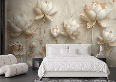 An elegant lotus flower stucco sculpture decorates the wall of a bedroom. Wall mural