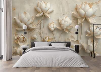 An elegant lotus flower stucco sculpture decorates the wall of a bedroom. Wall mural