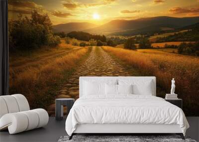 An endless country road with a panoramic landscape view of nature and greenery Wall mural